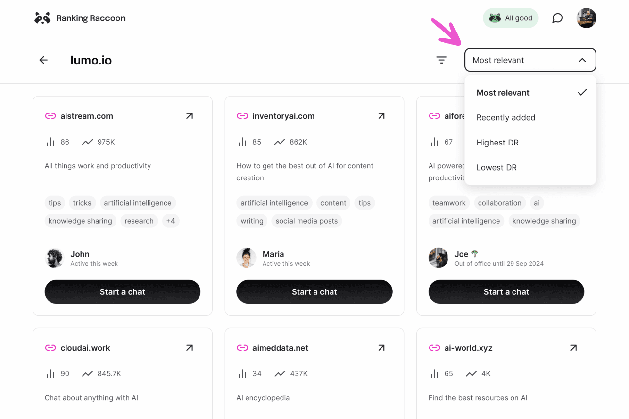 filtering options on ranking raccoon screenshot