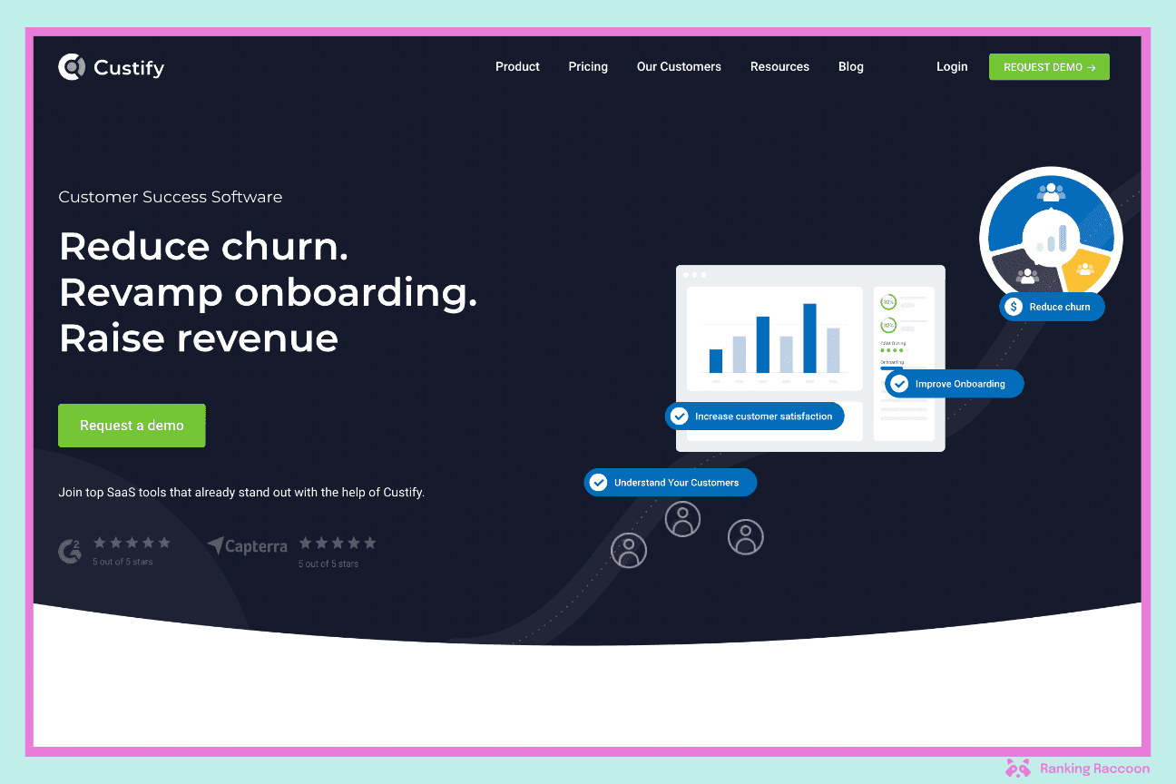 Custify homepage, an example of product led saas link building