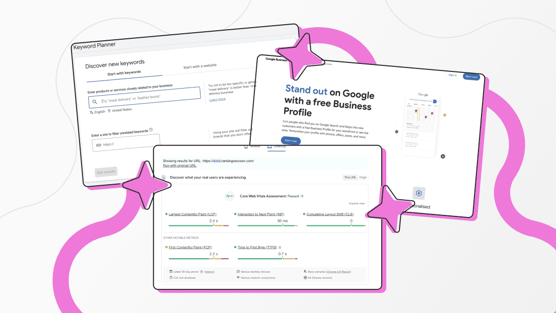 screenshots of free google seo tools
