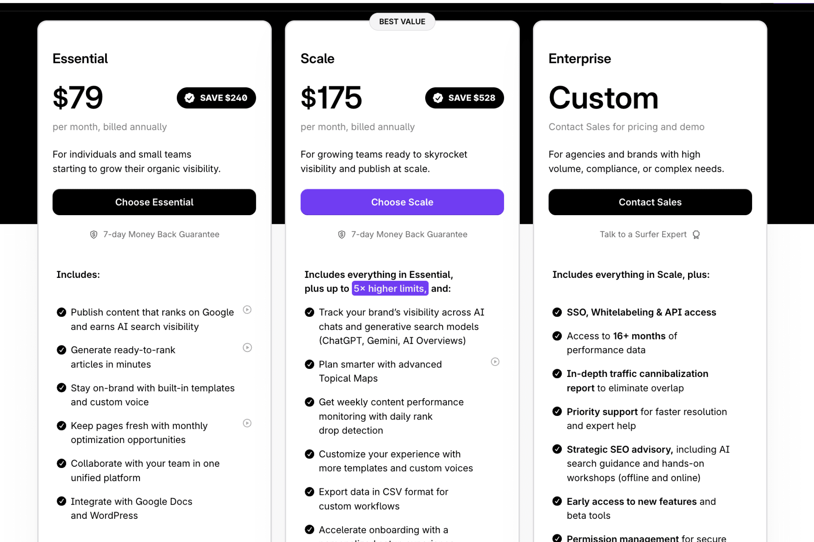 SurferSEO price table screenshot